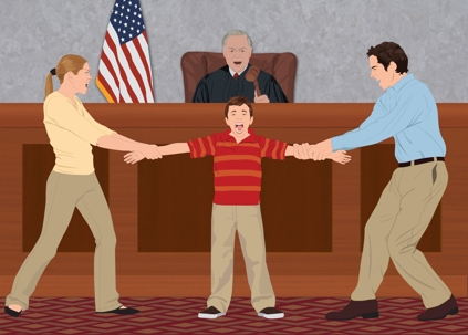 an artistic representation of two parents pulling their child in different directions in front of a judge